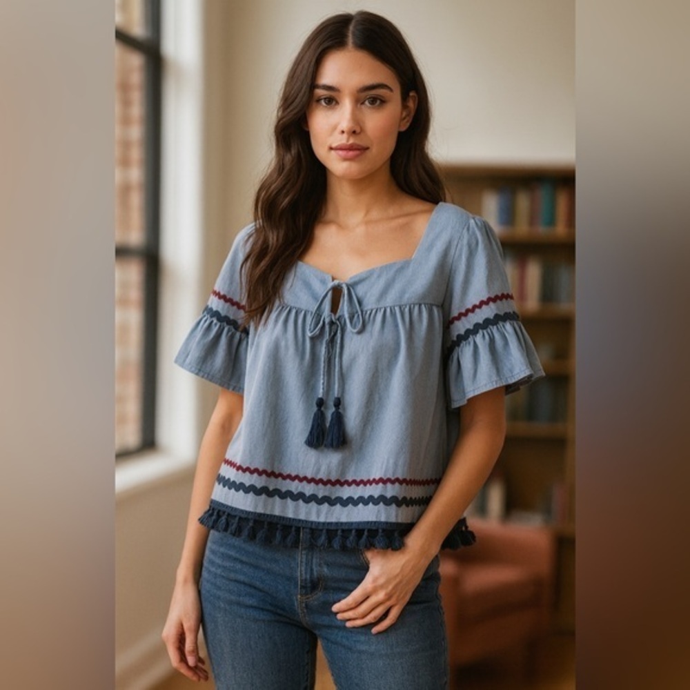 Free The Roses Blue Tassel Tie Rick Rack Square Neck Boho Top NWT S/M #1456